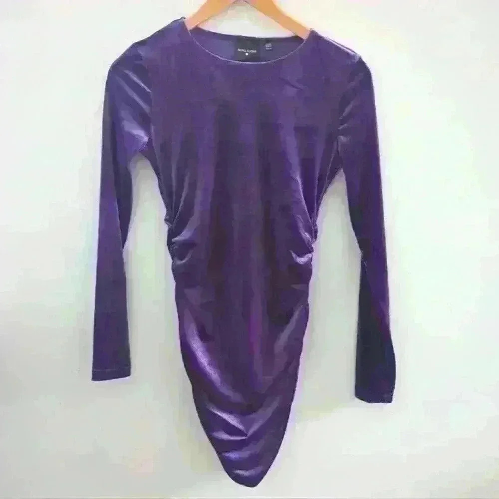 REBEL SUGAR | Purple Velvet Long Sleeve Ruched Mini Dress